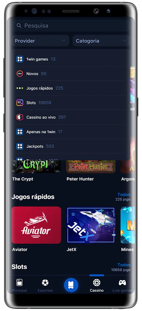 Captura de ecrã das categorias de casino na aplicação 1Win